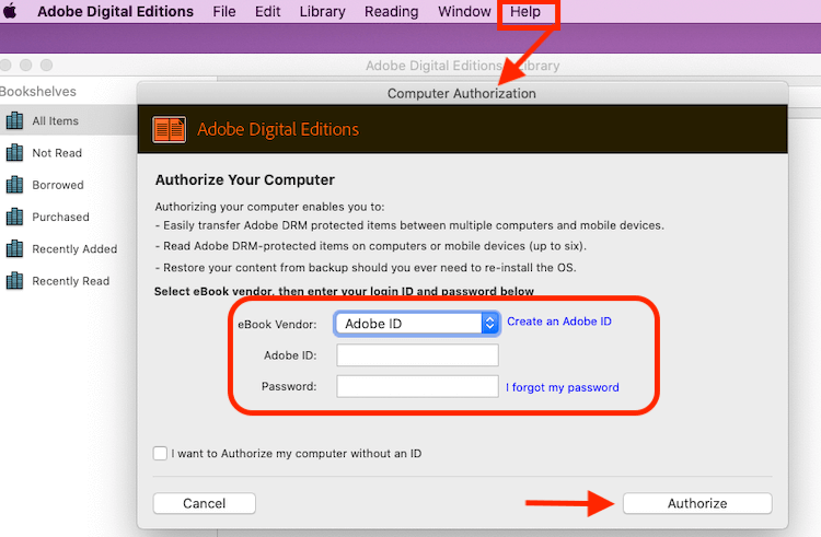 authorize adobe id to open acsm file