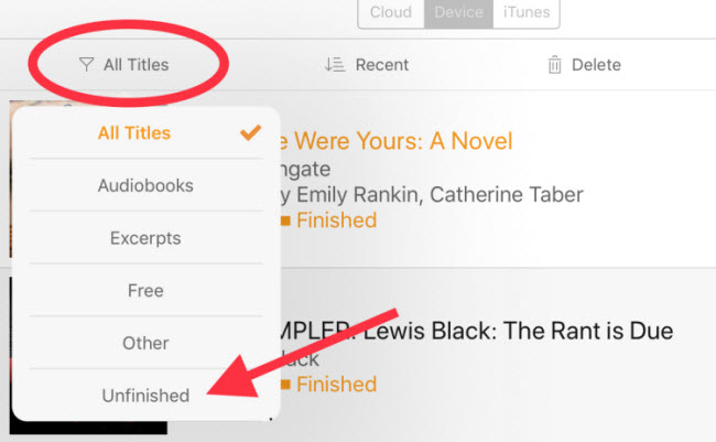 filter finished audible books to delete 