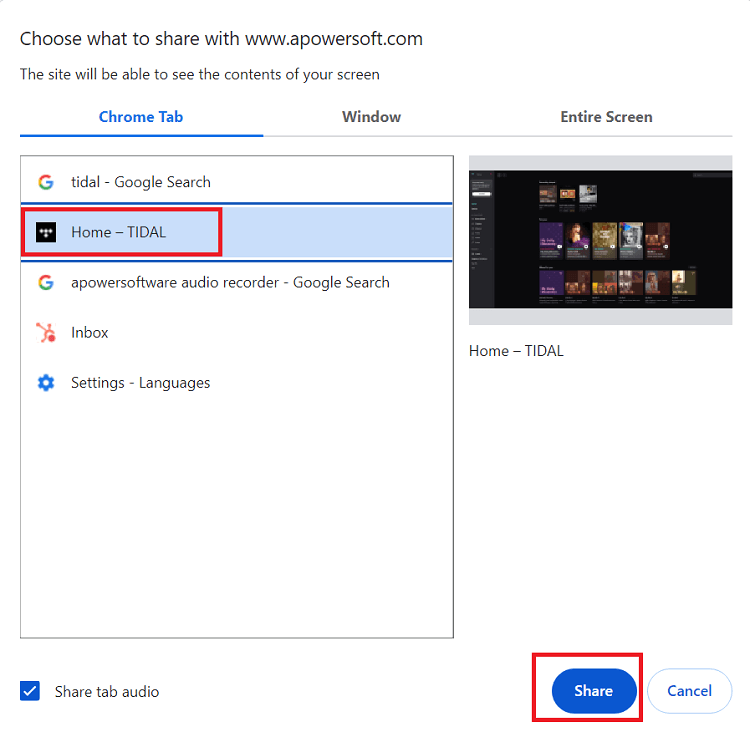 share tidal to record