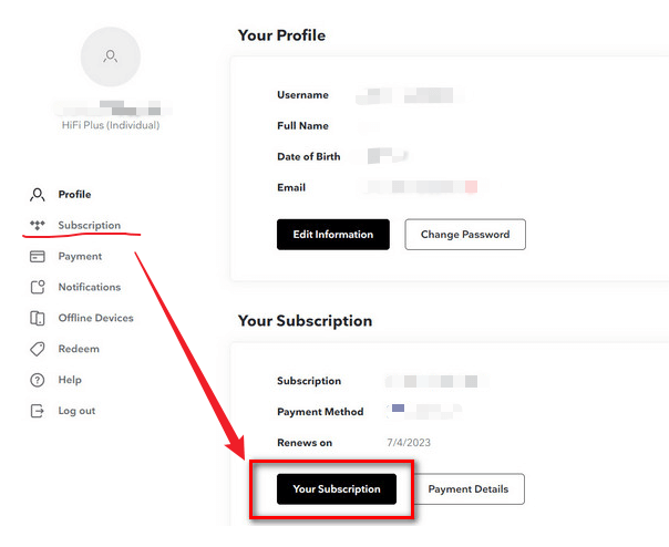 view tidal subscription details