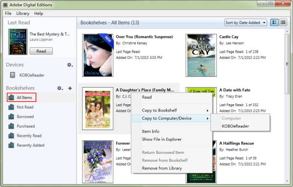 transfer epub and pdf to kobo with ade